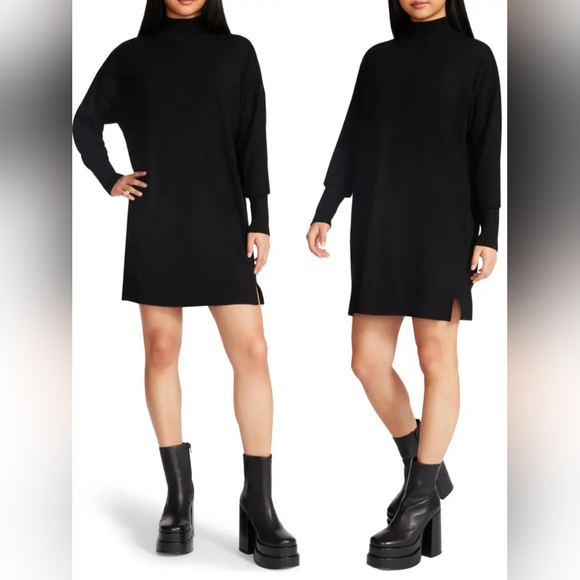 STEVE MADDEN Rosie Mock Neck Long Sleeve Sweater Dress Black Large 10-12 NWT - Picture 1 of 10
